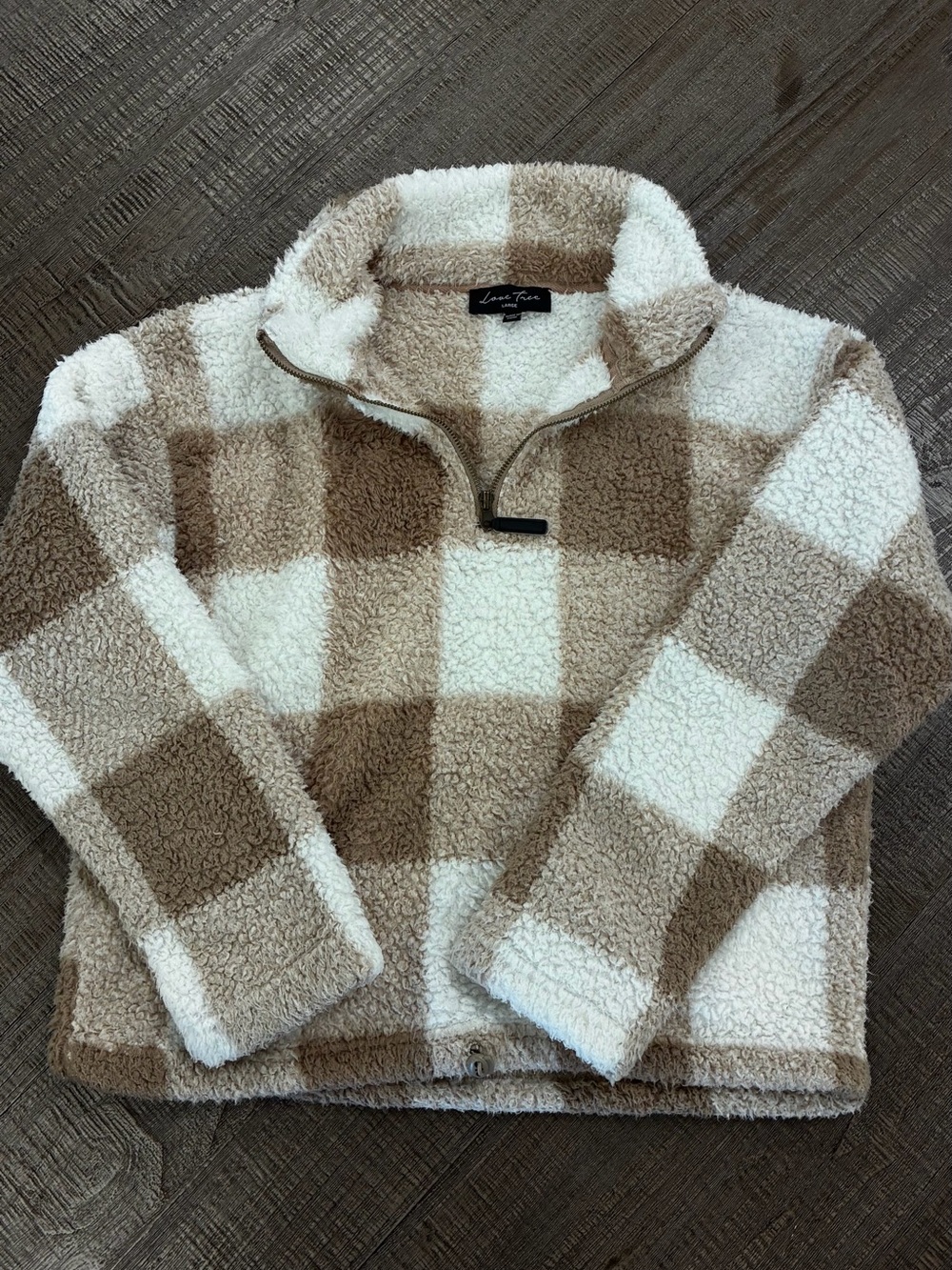 Love Tree women’s/juniors Zip-Up Sherpa Pullover - Cream & Brown Plaid size larg